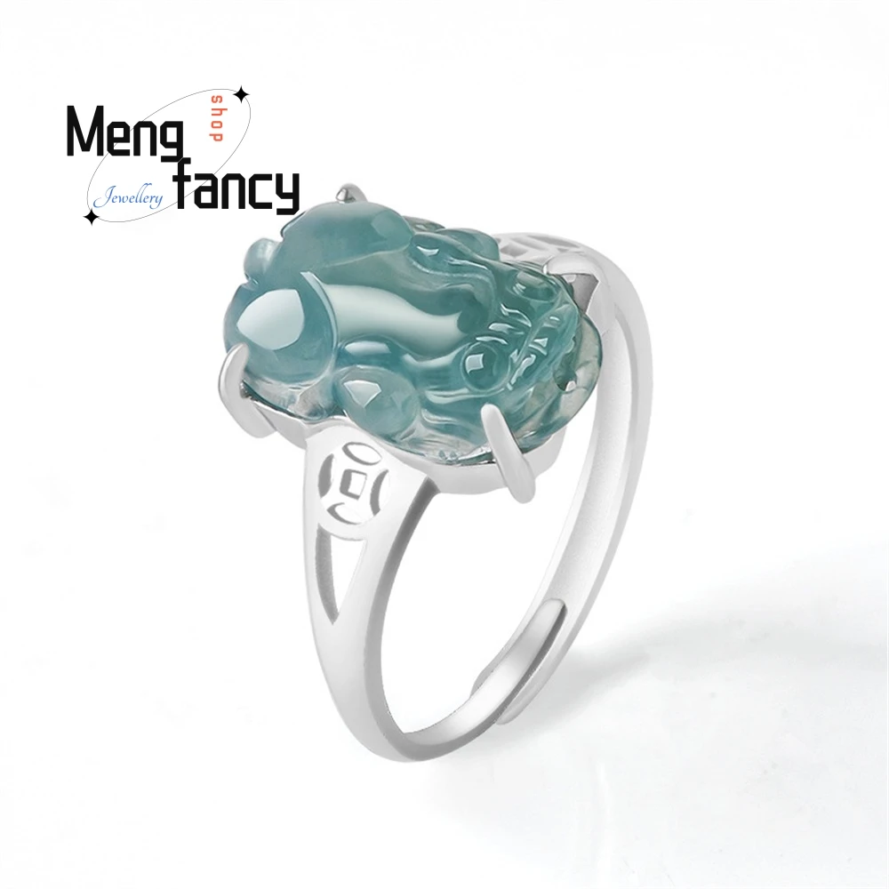 S925 Silver Inlaid Natural A Goods Jade Blue Water Pixiu Ring Ice Jade Fashion Men's And Women's Rings Can Be Adjusted