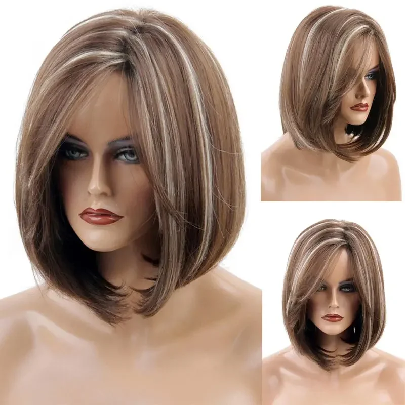 Full Wig Charming Daily Wigs Short Bob Straight Hair Fancy Dress Party Wig for Women Natural Brown Highlight Wig with Side Bangs