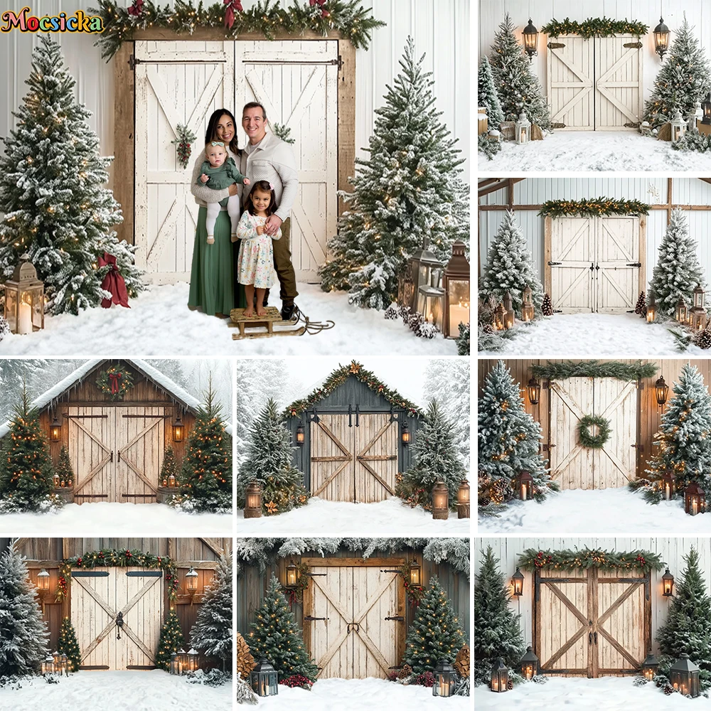 

White Christmas Barn Door Background for Family Studio Photography Xmas Tree Lanterns Snowy Floor Backdrop Winter Outdoor Studio