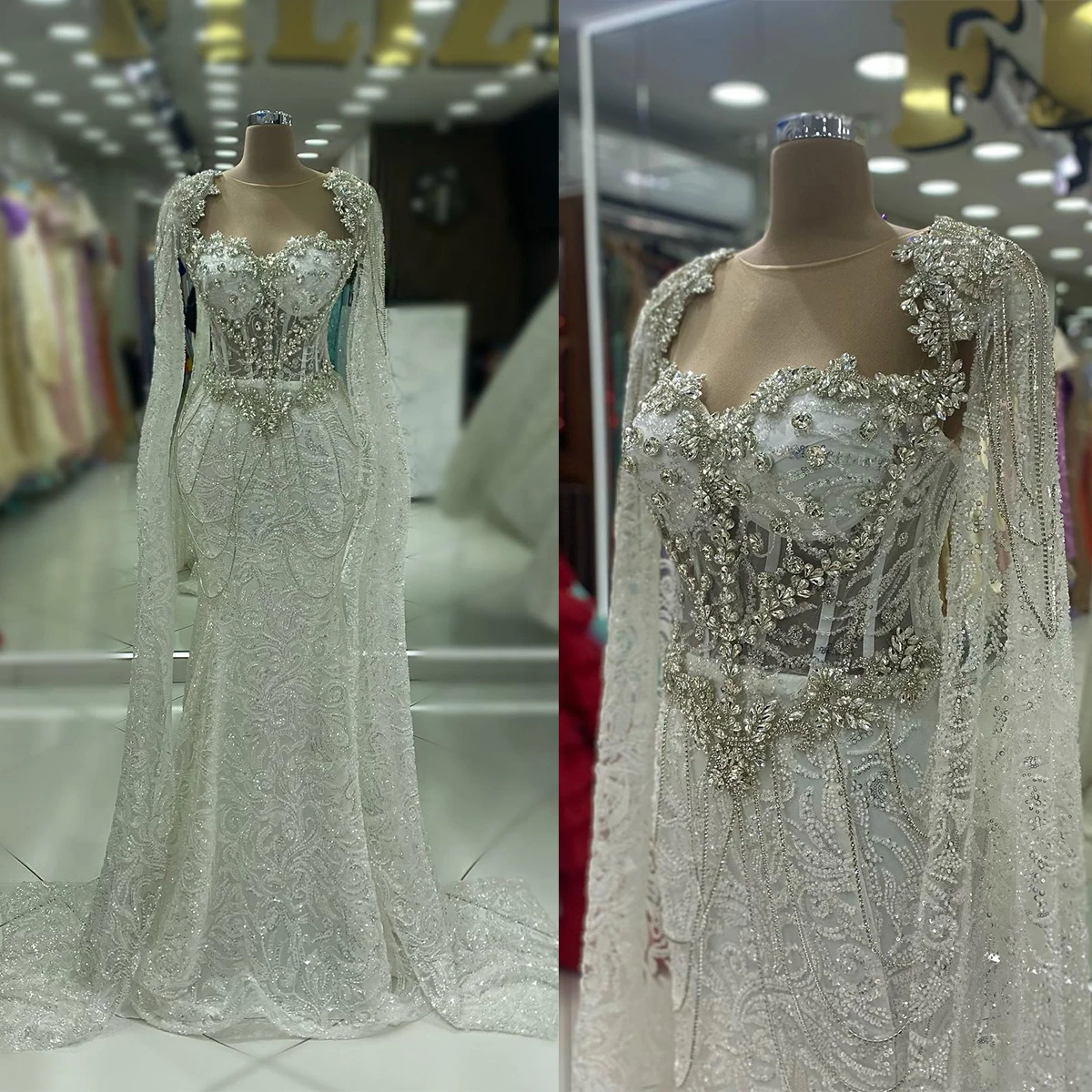 Exquisite Mermaid Wedding Dresses Square Crystal Beads Chain Appliques Long Sleeves Backless Bridal Customized Robe De Mariée