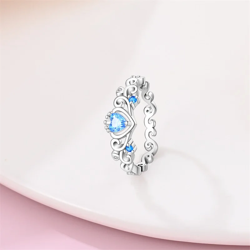 Rings For Woman 925 Silver Color Sweet Bow Pattern Chilly Blue Heart Shaped Zircon Star Ring Engagement Wedding Romantic Jewelry