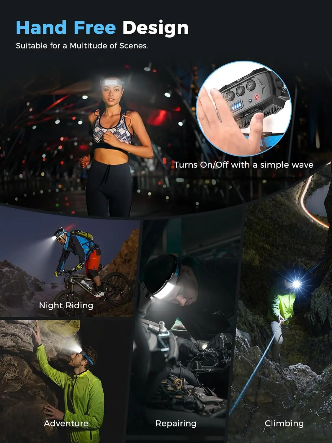 Rechargeable LED Headlamp, 2 Pack with Motion Sensor, 6 Modes & Red Tail Light for Camping Fishing