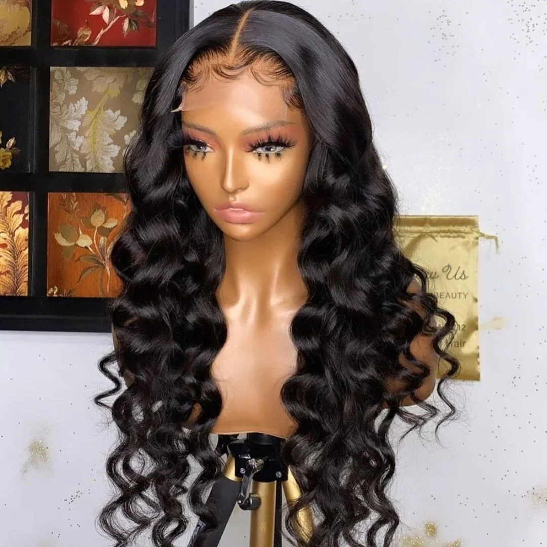 Soft Black 26“Long Deep Wave Preplucked Soft Curly 180Density Lace Front Wig Synthetic For Women Heat Resistant Glueless Daily