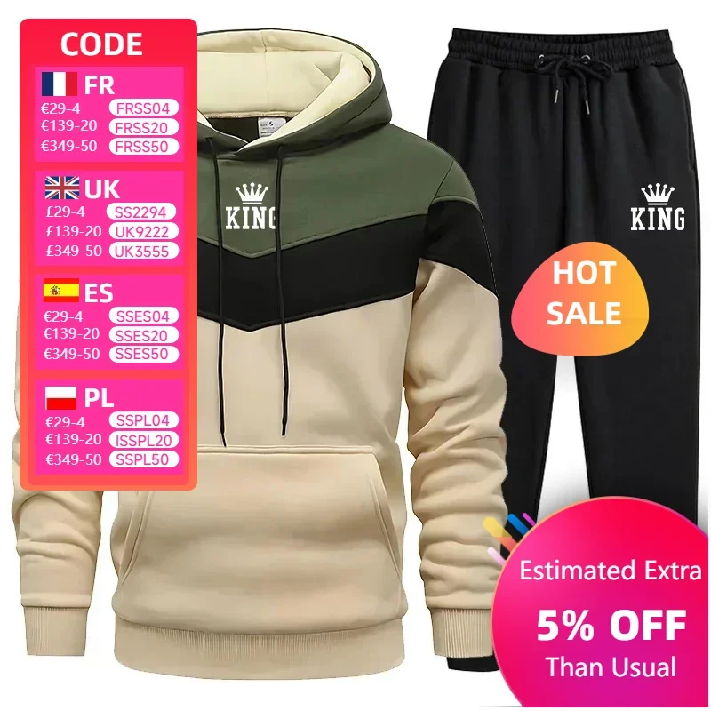 

Mens Tracksuit King Printing Sports Suit Sports Hoodie+Pants 2 Piece Suit Casual Sweatshirt Suit Jogging Men's Splicing Clothing