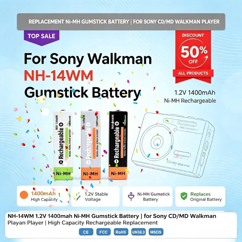 NH-14WM 1.2V 1400mAh Ni-MH Gumstick Battery for Sony CD/MD Walkman Player, High Capacity Rechargeable Replaces Quality Battery