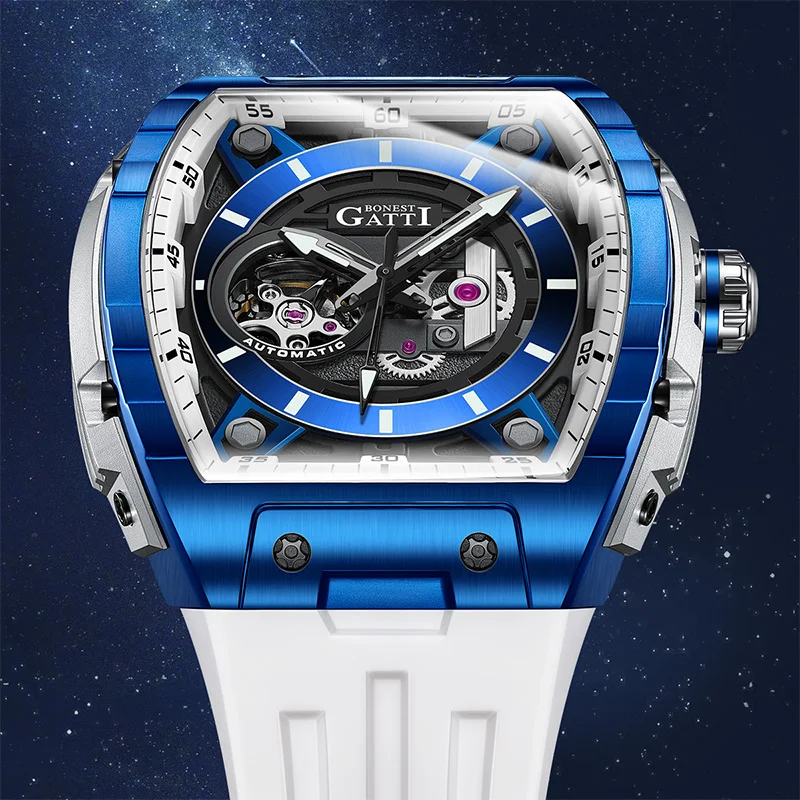 

BONEST GATTI Men's Mechanical Watch-Hollow-Out Mechanical Movement Top Brand Original Sapphire Crystal Luminous Watch with Rubbe