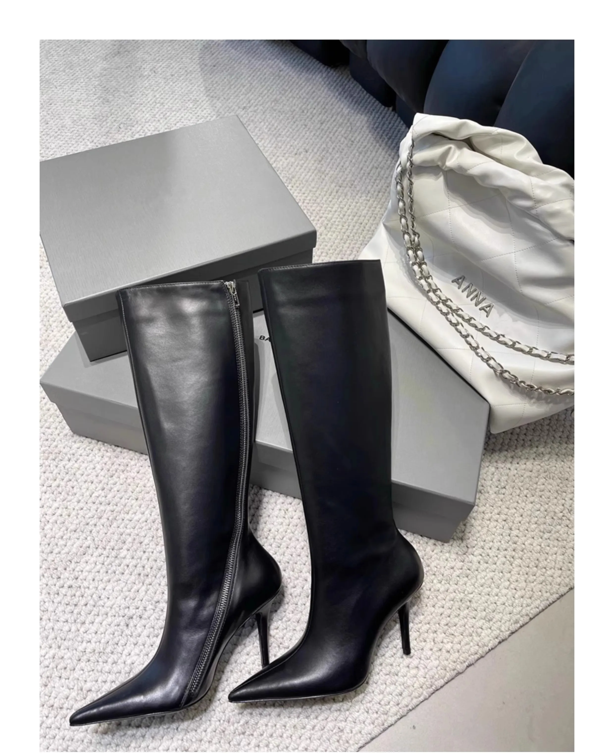 

2024 Autumn Winter Pointed Toe Fashion Knee High Boots Long Zipper Cover High Heels Shoes Women Soft Leather Botas Zapatos