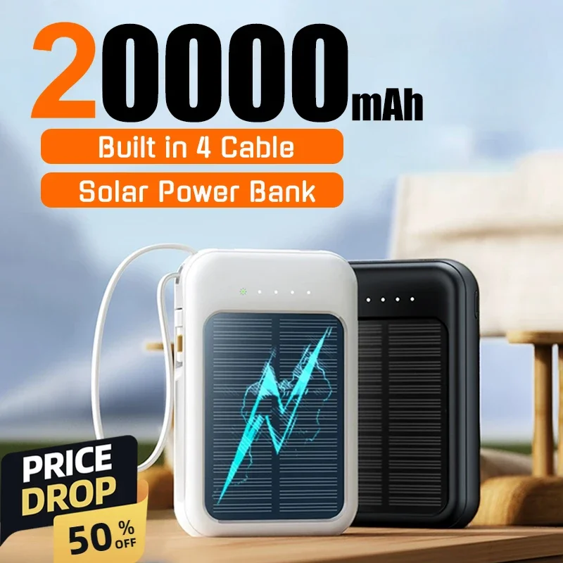 Banque d'alimentation solaire portable avec lumière LED intégrée, batterie externe, charge super rapide, 4 câbles, 20000mAh