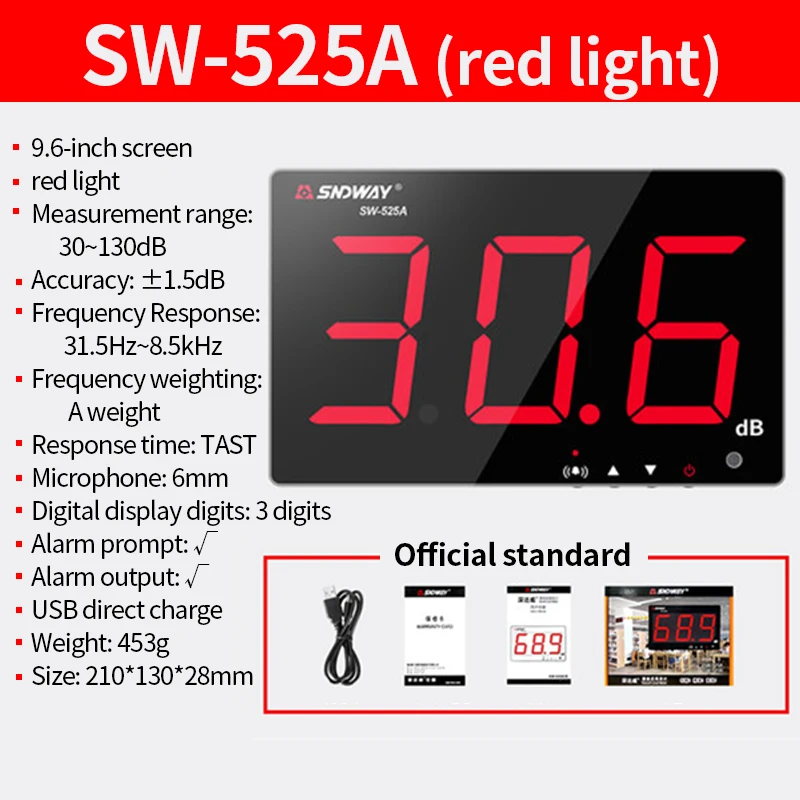 SNDWAY Digital fonometro SW-525A a parete Decibel metro 9.6 pollici 30-130dB grande schermo appeso tipo rumore dB metro