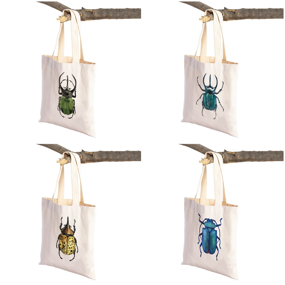 Insect Beetle Collection Casual Women Shopping Bags Cartoon Animal Cloth Both Sided Canvas Supermarket Shopper Bag Tote Handbag