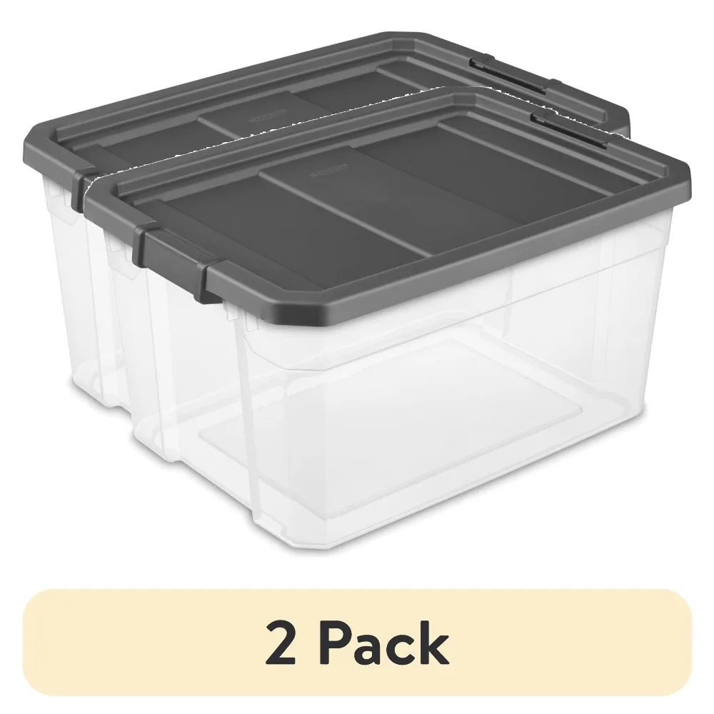 (2 pack) Sterilite 76 Quart Stacker Box, Durable Clear Plastic Storage Bin with Latch Lid, Dark Gray