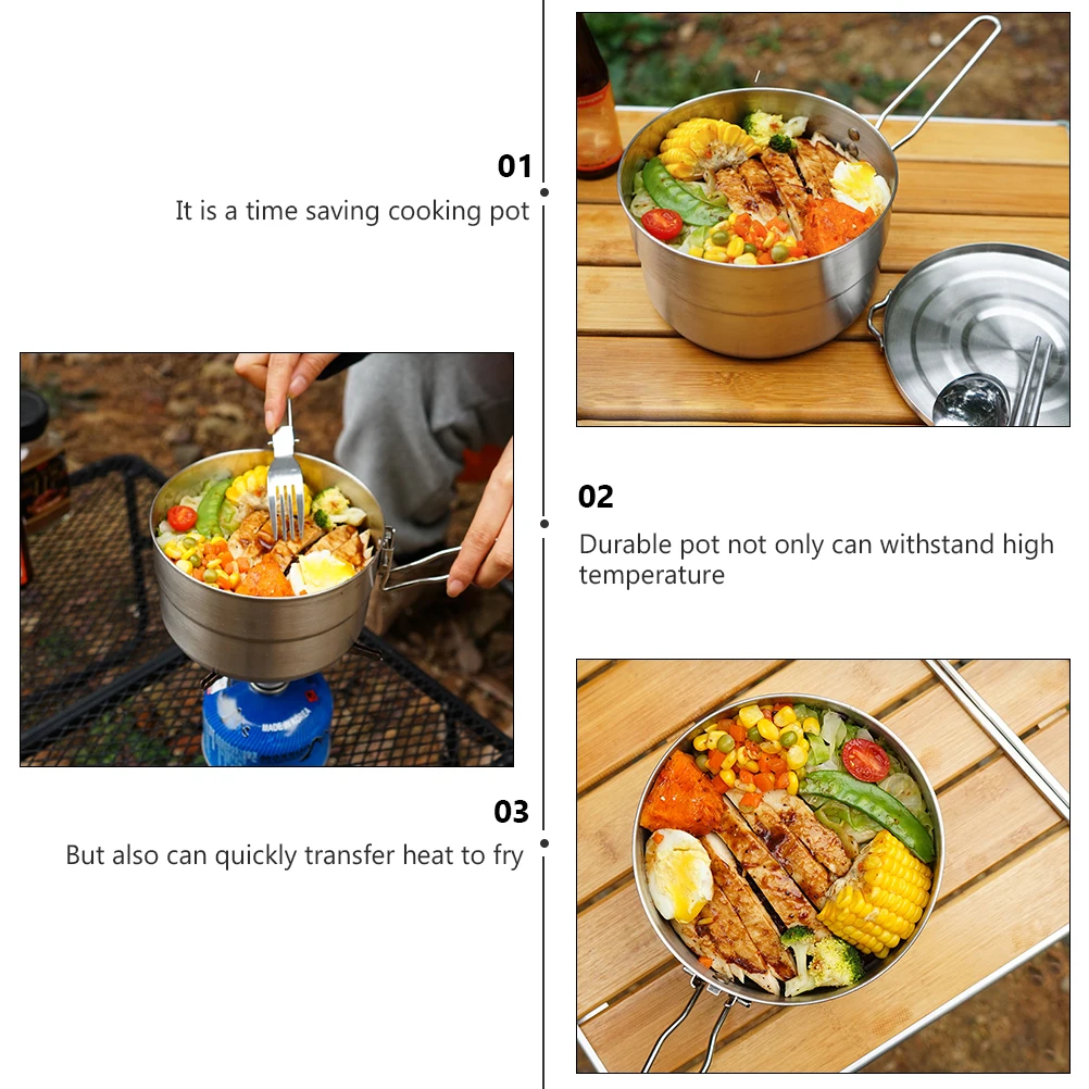 

Outdoor Portable Folding Pot Camping with Lid Silver Stainless Steel Hiking Cooking Kit Travel
