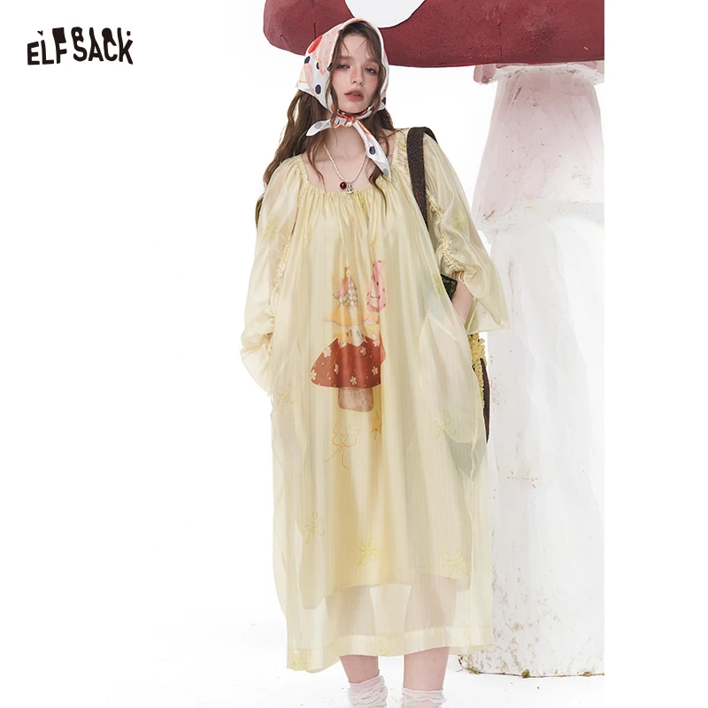 

ELFSACK Cartoon Print Puff Sleeve Dress, Drawstring Ruched A-Line Dress, Lightweight Loose Casual Midi Dress for Women