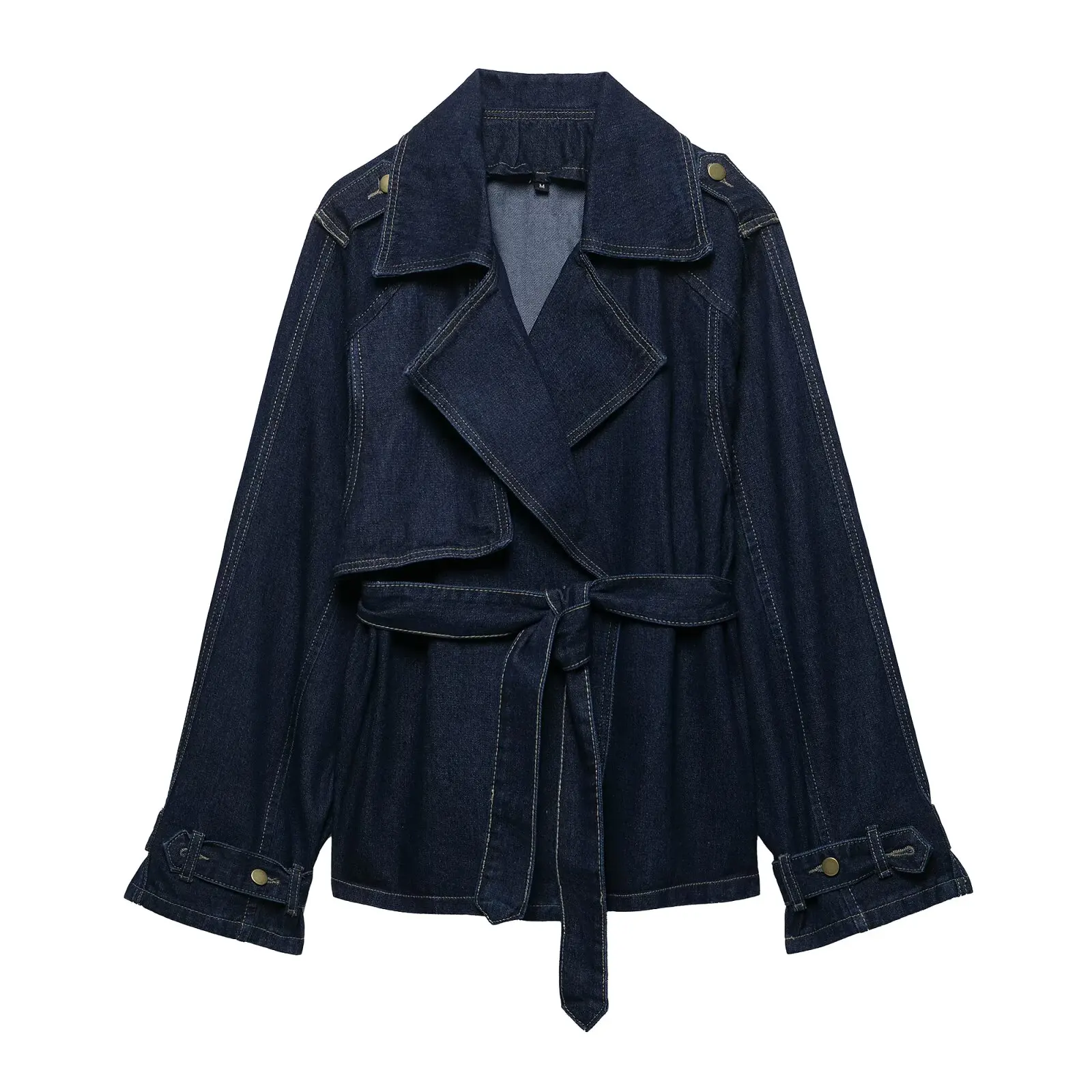 

ZBZA Spring New Faionable Women's ort Wide Denim Jaet Blue Belted Casual Jeans Pants Polyester Fiber Long Sve Coat