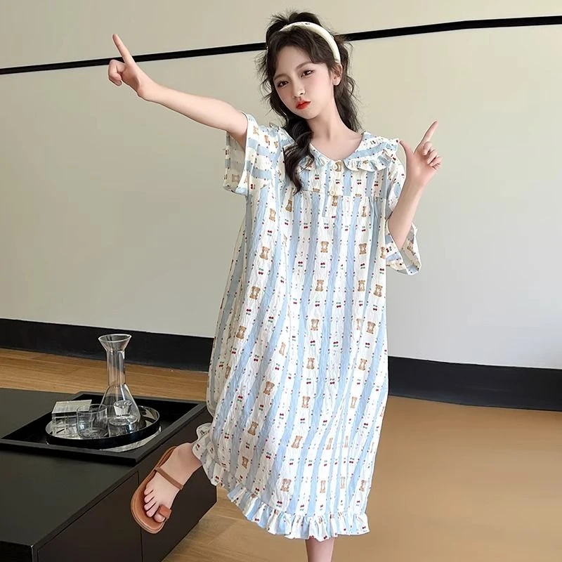 Summer Girls Nightgown with Peter Pan Collar Short Sleeve Loose Fit