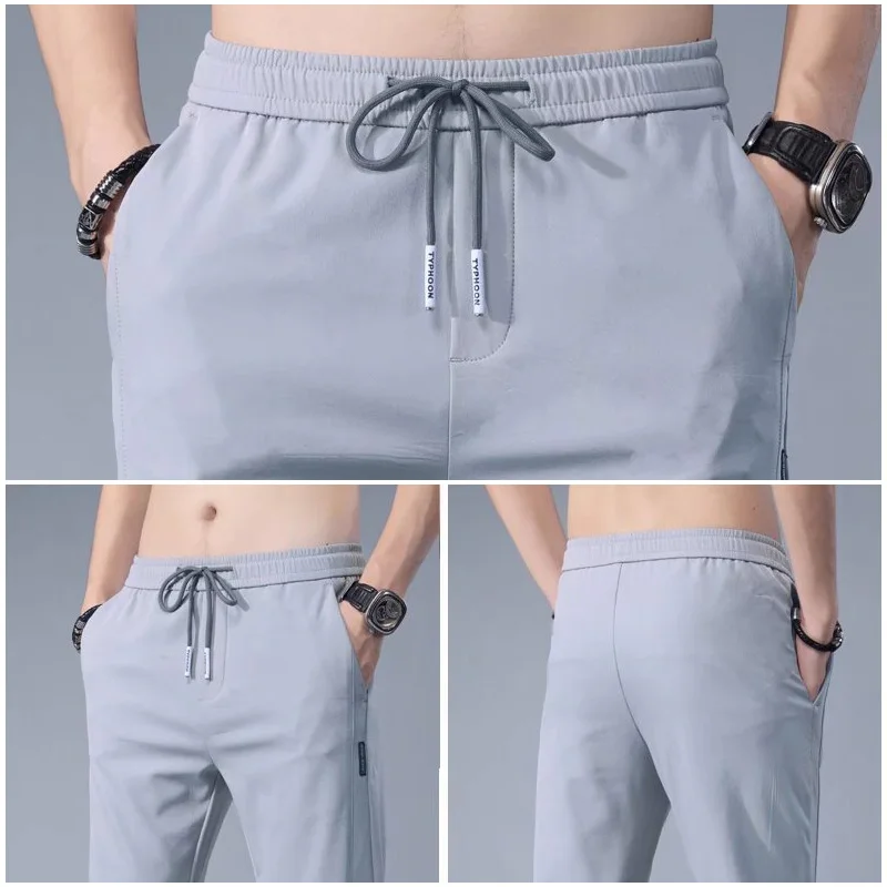 Men’s Pants Ice Silk Casual Straight Pants Quick Dry Comfortable Running Pants Male Drawstring Sports Long Trousers Youth Thin