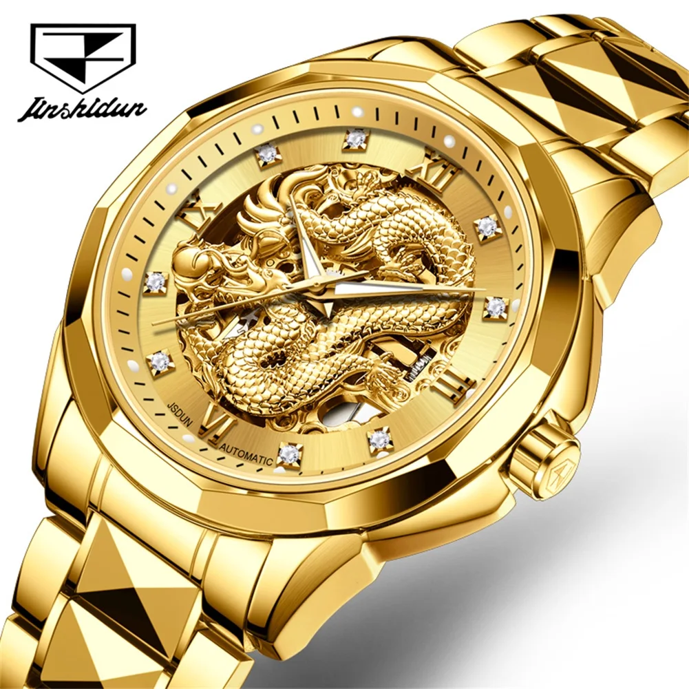 JSDUN 8840 Gold Dragon Watch Automatic Mechanical Wristwatch for Men Stainless Steel Hollow-carved Diamond Dial Luxury Man Watch