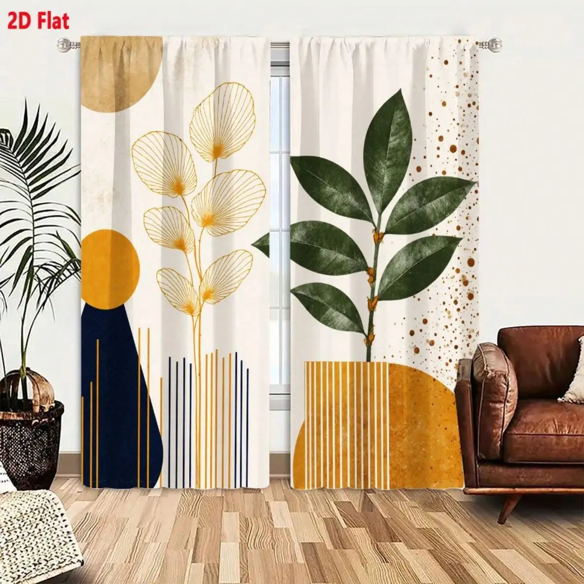 2D Flat, 2pcs Modern Abstract Curtain Set With Navy Blue & Golden Geometric Patterns, Scattered Golden Dots - Textured Semi