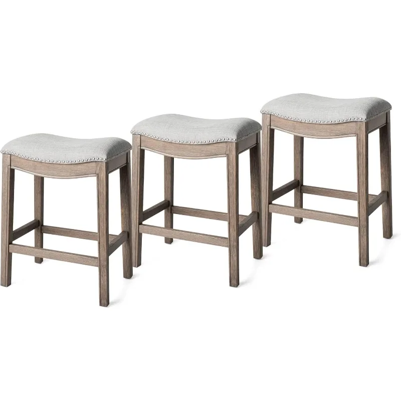 Adrien 26 Inch Counter Height Upholstered Backless Saddle Barstool in Reclaimed Oak Finish with Ash Set of 3