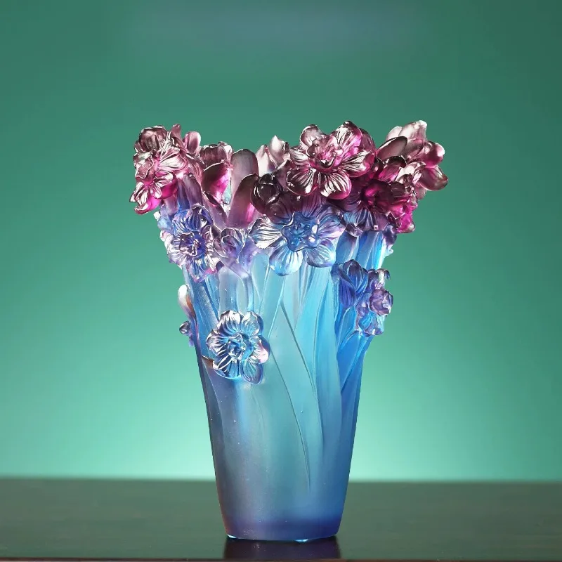 Art Colored Glaze Vase,Creative 3D Embossed Rose Flower Ornament,Gradient Blue Purple Home Office Decor，Women Luxury unique Gift