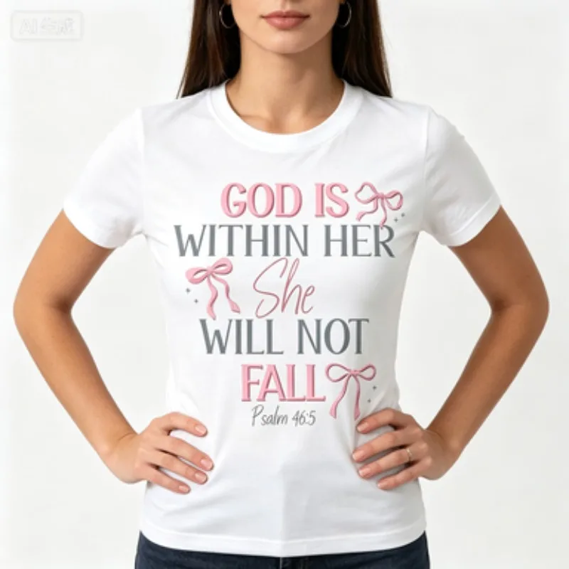 Women Slim‑Fit O‑neck T‑Shirt God Is Within Her Christian Faith Graphic Tee Casual Inspirational Letter Print Cotton Summer Tops