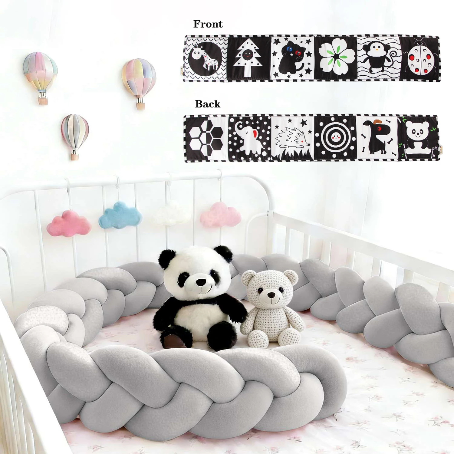 2m-long-black-and-white-solid-color-baby-crib-protector-81x15cm-printed-baby-bed-bumper-2-piece-set