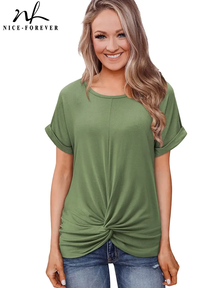 Nice-Forever Summer Women Classy Solid Color T-Shirts with Knot Casual Pull Over Tees Tops btyT052