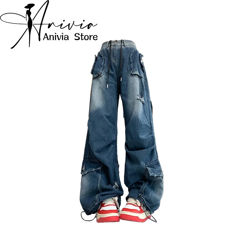 

Women Blue Cargo Jeans Harajuku Baggy Y2k Ripped Denim Trousers Aesthetic Jean Pants Vintage Japanese 2000s Style Trashy Clothes