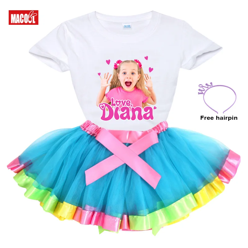 Girl Clothes Set Rainbow Dress Tutu Dress Suit Children Clothing Summer Skirt Kid Clothing Toddler Baby Outfit Love Diana TShirt