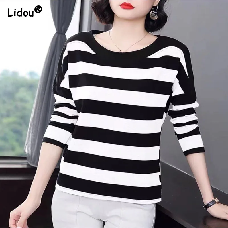 

Casual Cotton Linen T-Shirts O-Neck Striped Spring Autumn All-match Leisure Women's Clothing Tops for Women 2022 New Fashion