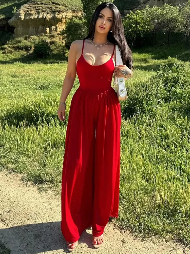 Casual Sexy Ärmellose Hohe Taille Overall 2025, Frühling Sommer Frauen Spaghetti Strap Urlaub Strand Overalls Schwarz Rot Streetwear