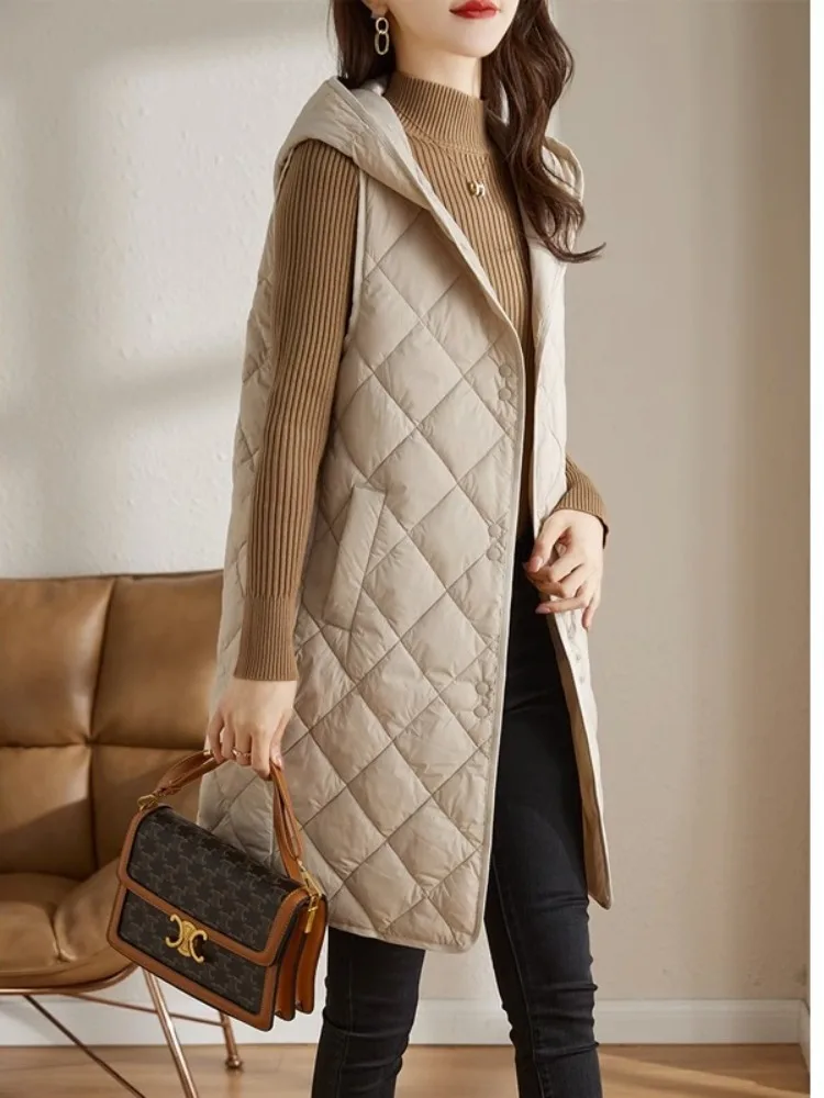 

Faionable Quilted down Vest Women's Autumn Winter Medium Length Lightweight Warm Jaet Artistic Commute Sle Button Detail