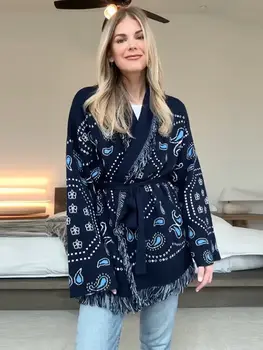 Jacquard Fringe Belted Wrap Knit Cardigan Lapel All Over Pattern Raw Fringe 2026 Autumn Winter Commute Lady Women Casual Coat 4 Jacquard Fringe Belted Wrap Knit Cardigan Lapel All Over Pattern Raw Fringe 2026 Autumn Winter Commute Lady Women Casual Coat 4