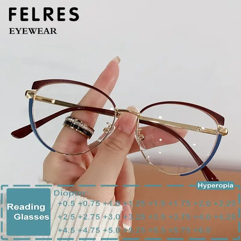 

Fashion Ladies Metal Reading Glasses Anti Blue Light Computer Eyewear 2024 Model Double Color Frames Optics Presbyopia Glasses
