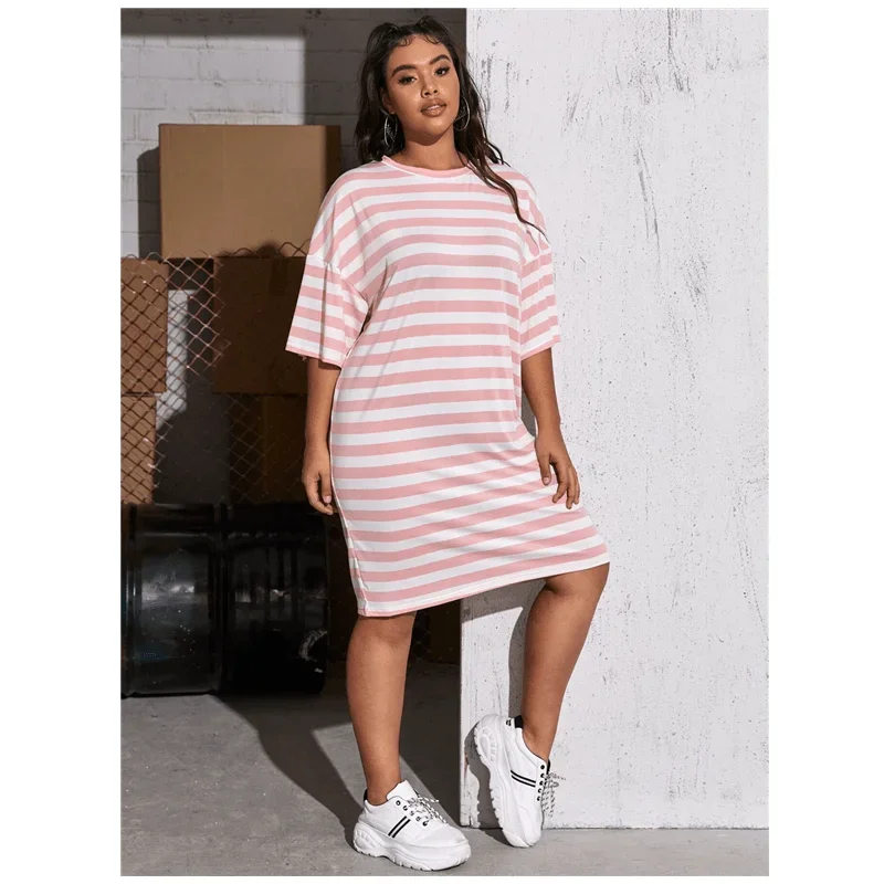 Plus Size Loose Summer Elegant Tunic Dress Women Drop Shoulder Half Sleeve Oversize Casual T-shirt Dress Midi Striped Tee Dress