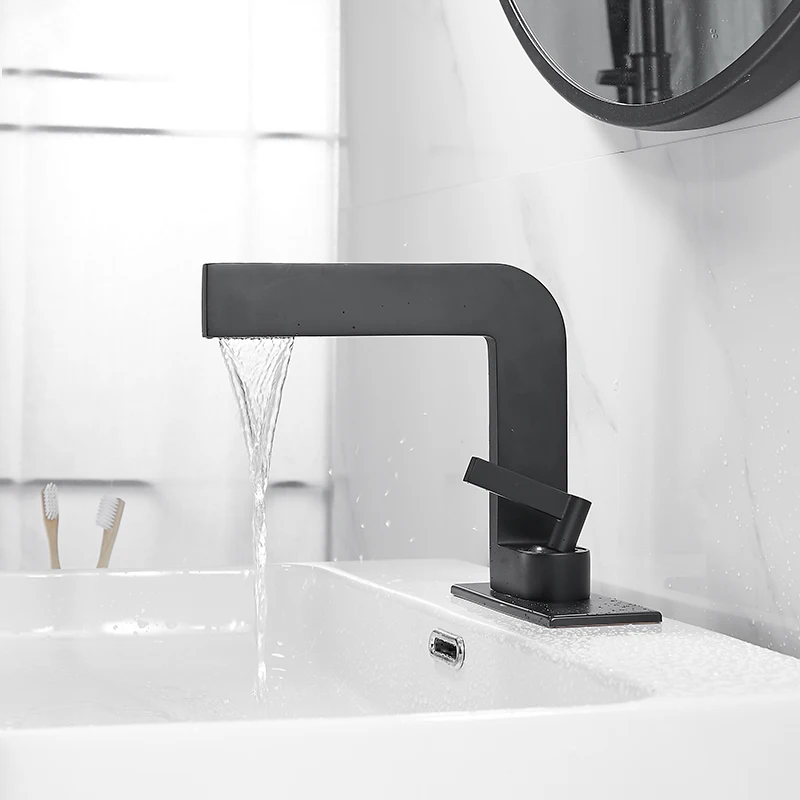 

Vidric Black Square Waterfall Bathroom Faucet Basin Mixer Tap Wide Spout Vessel Bath Fauet Hot Cold Water Single Handle Deck Mou