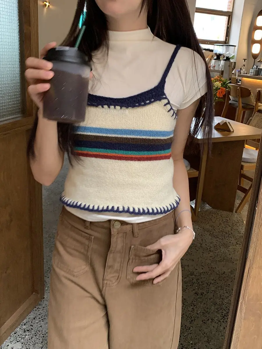 Vintage Striped Print Knitted Vest Women Overlap Slim Fit Bottom Camis Crop Top 2025 Autumn Outerwear Y2k Sweater Pulls