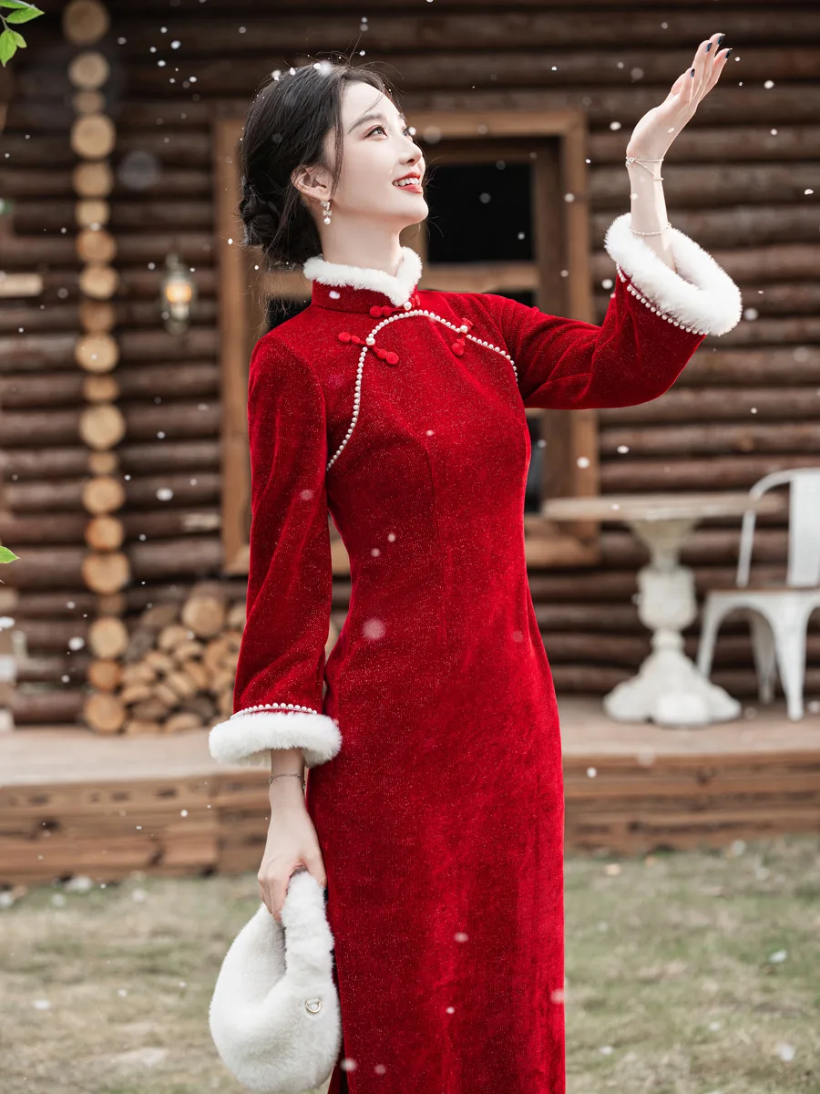 

Красный осенне-зимний Ципао, новый китайский стиль, утолщенный и улучшенный Cheongsam для молодых девушек