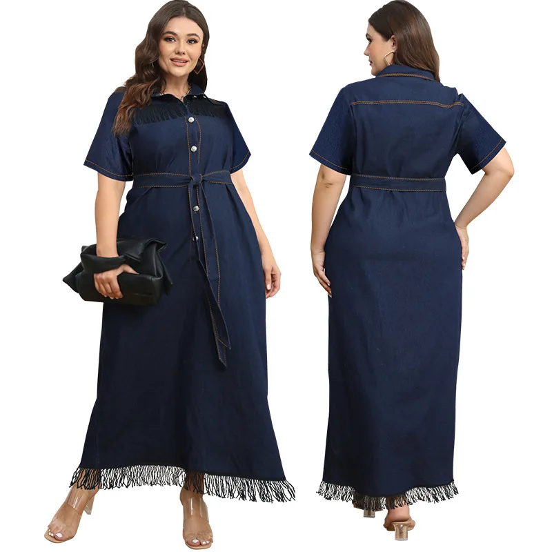 

218519 # Платье женское летнее повседневное с коротким рукавом, бахромой, пуговицами и поясом, больших размеров, для вечеринок, элегантное, в стиле Y2K, 2025