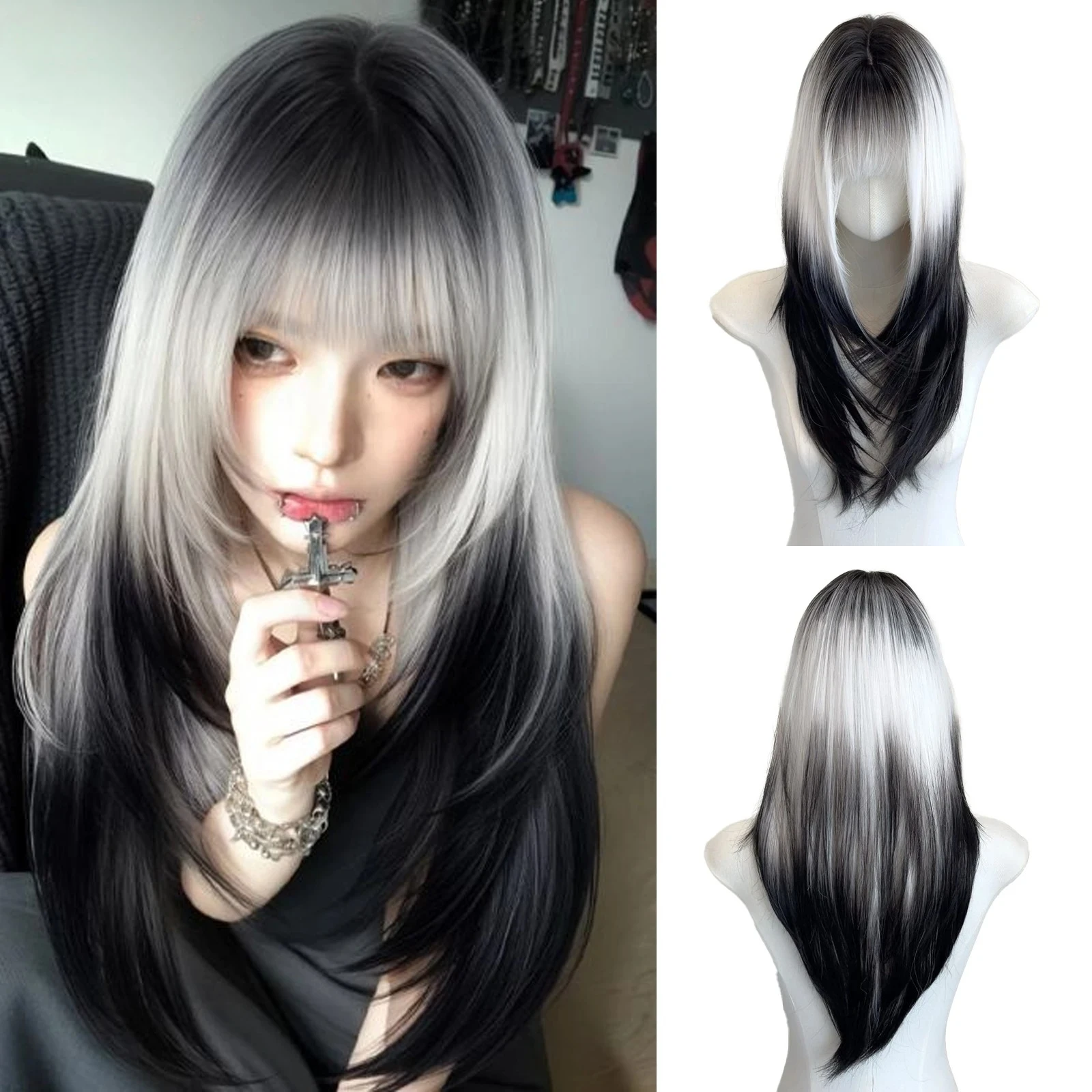 

24-дюймовый парик с прямой челкой, черно-белый синтетический волокно, многослойные волосы, термостойкие натуральные гладкие волосы для наращивания, вечеринка для селфи