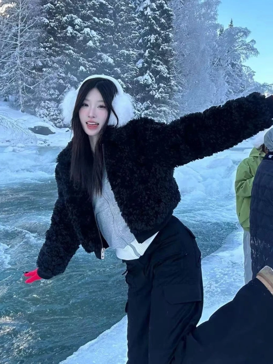 Fourrure d'agneau extérieur ort Jaet femmes lâche petite Fraance Sle manteau automne hiver nouvelle fourrure écologique Thiened Long Sve...