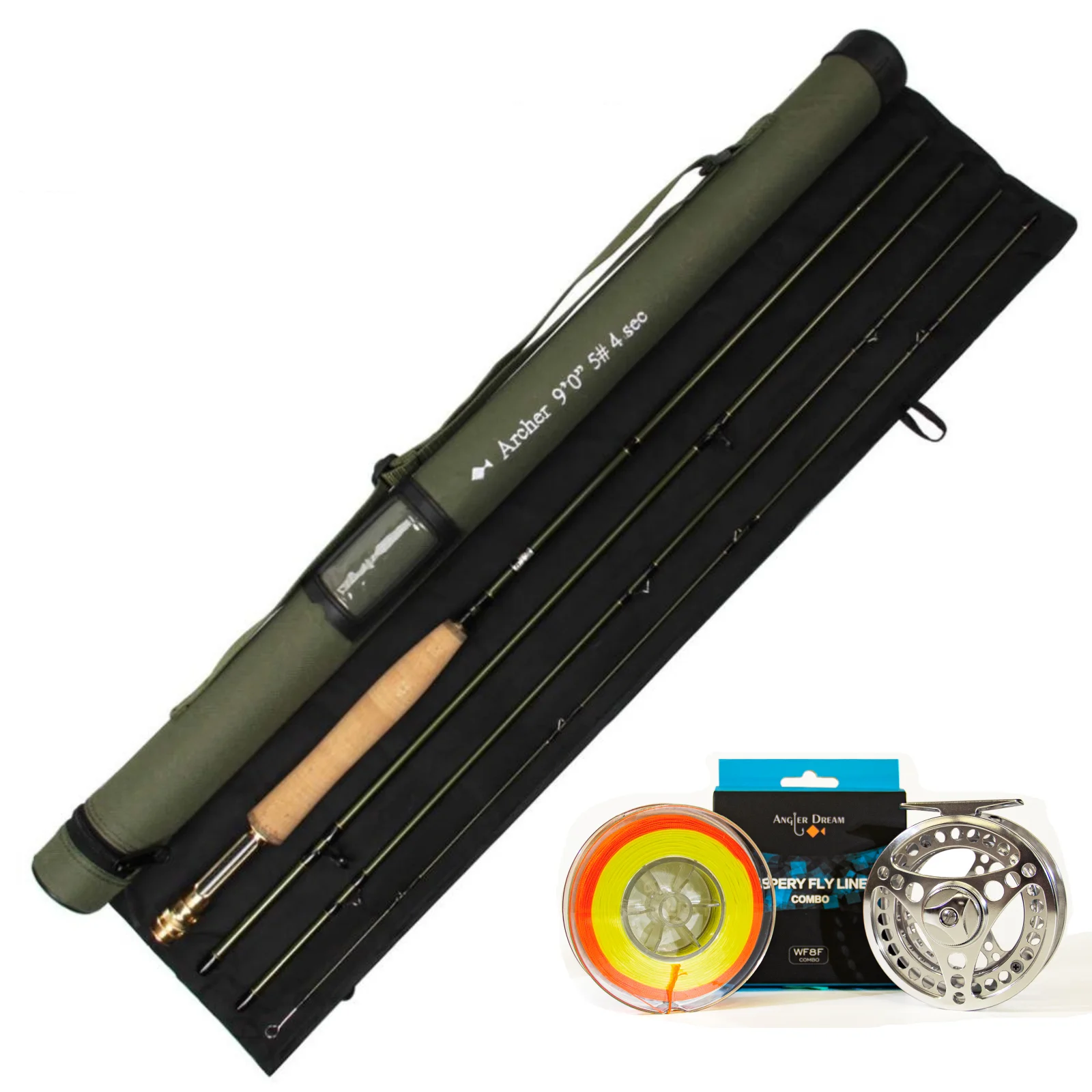 9FT 5WT 4Pieces Carbon Archer Fly Fishing Rod & 5/6WT Silver Yellow Reel Combo Green Fly Rod Graphite 10 / 36T Carbon Fiber