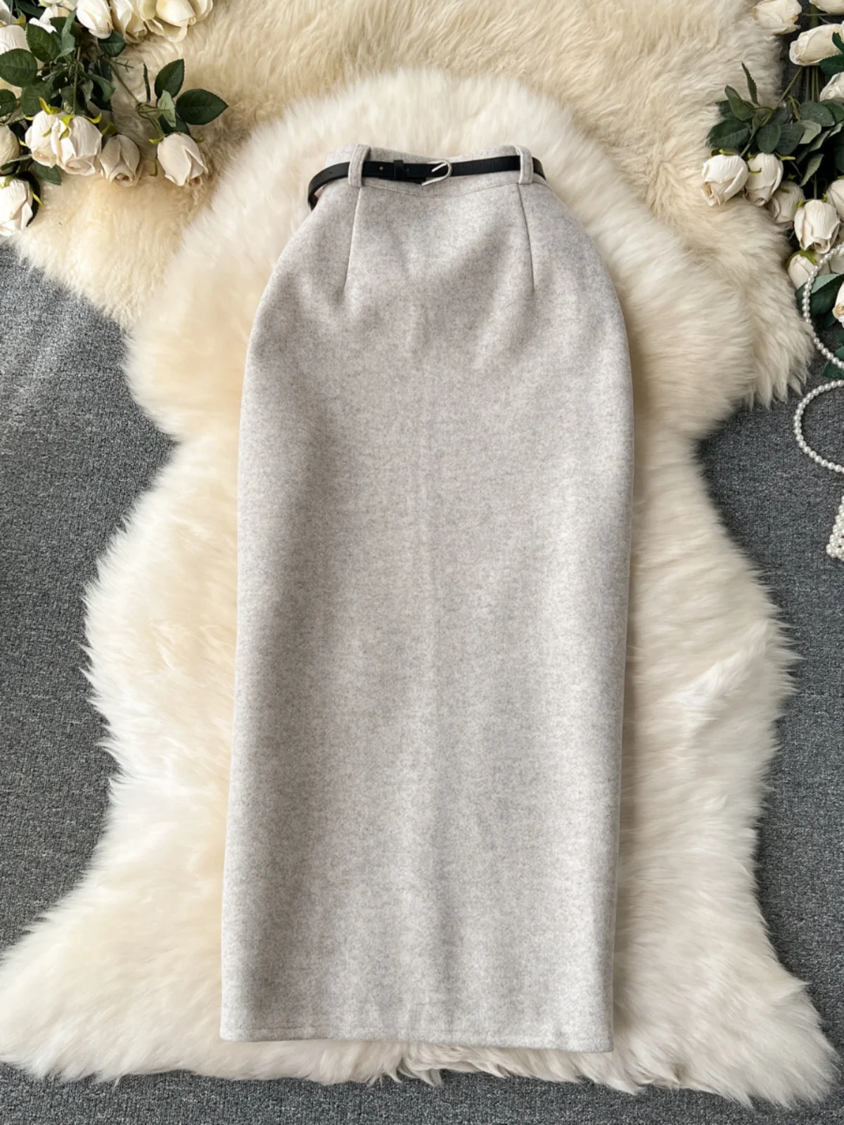 تنورة صوفية عالية الخصر بقصة مستقيمة وفتحة مغرية ومتعددة الاستخدامات من ألياف البوليستر للتنقل الكوري ملابس يومية بقصة ضيقة