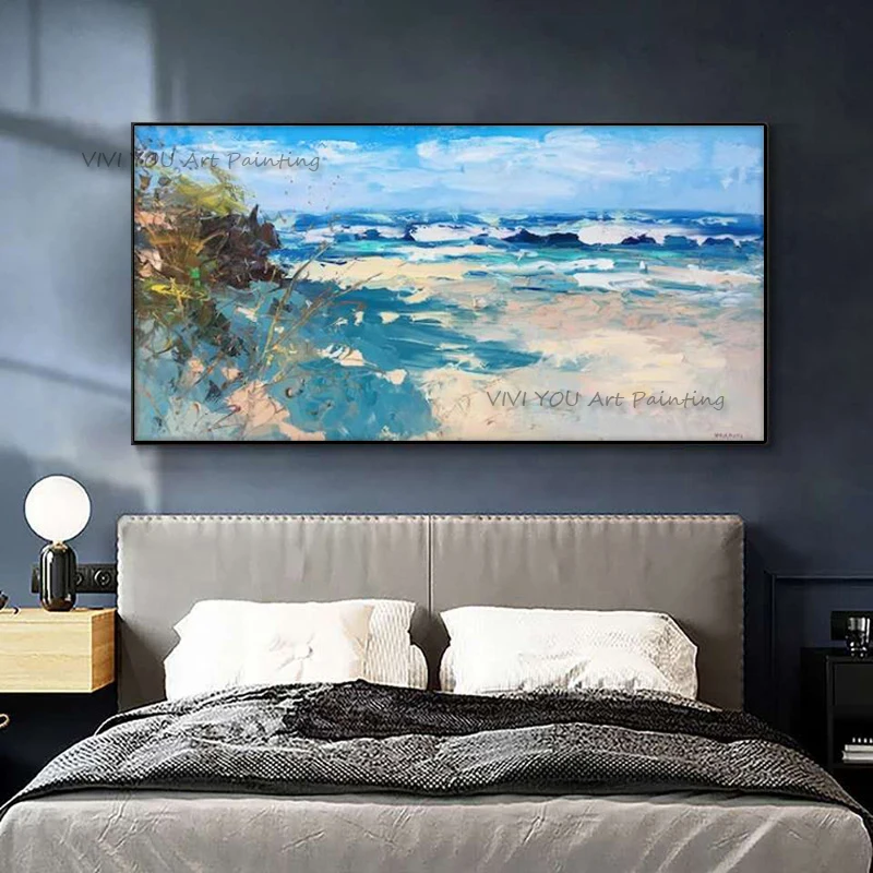 Handpainted Large Sea Canvas Oil Painting Blue Sea Landscape Abstract White Wave Home Decor Knife Textured Seascapes