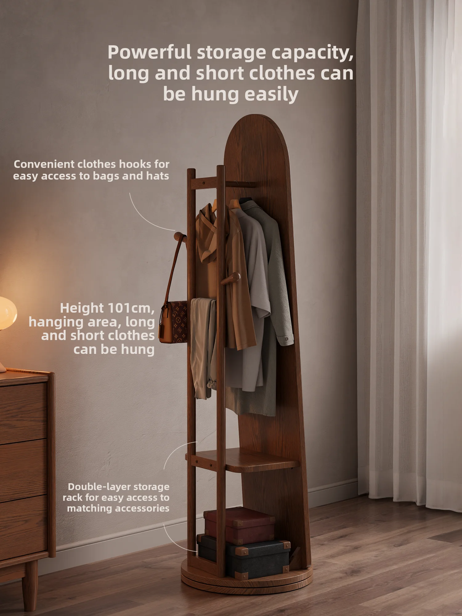 Dressing mirror, oak household floor-standing, rotating vintage style, bedroom coat rack, integrated full-body mirror
