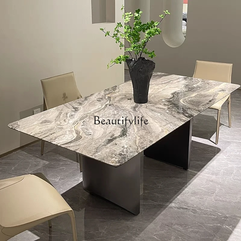 

Luxury stone dining table rectangular high-end Italian light luxury Venice brown natural marble dining table