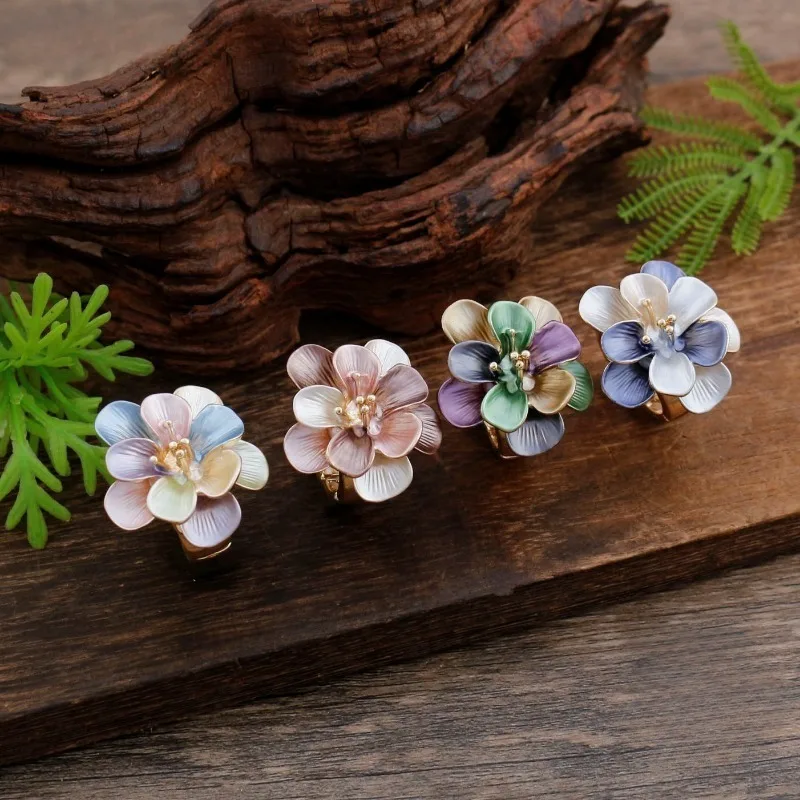 Multicolor Enamel Flower Open Ring Pastel Floral Adjustable Band Elegant Bohemian Jewelry For Women Daily Party Gift