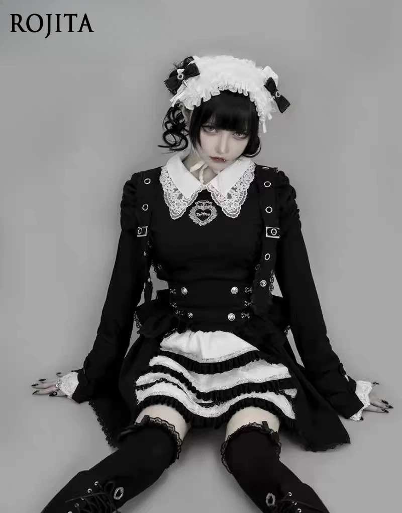 

Dark Punk Lolita Mass-Produced Embroidered Mesh Patchwork Base Shirt Women Spring Autumn Gothic Lolita Top