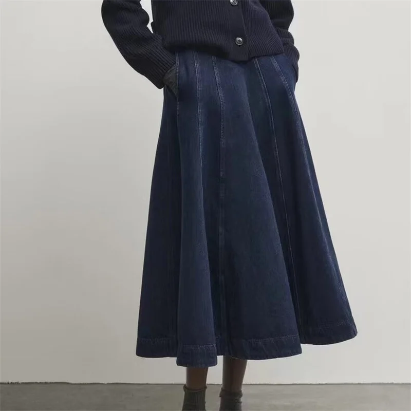 BANA Mid-Length A-Line Denim Skirt Women's High Waist Wide Hem Stitching Design Commute Style Pure Color Other Material
