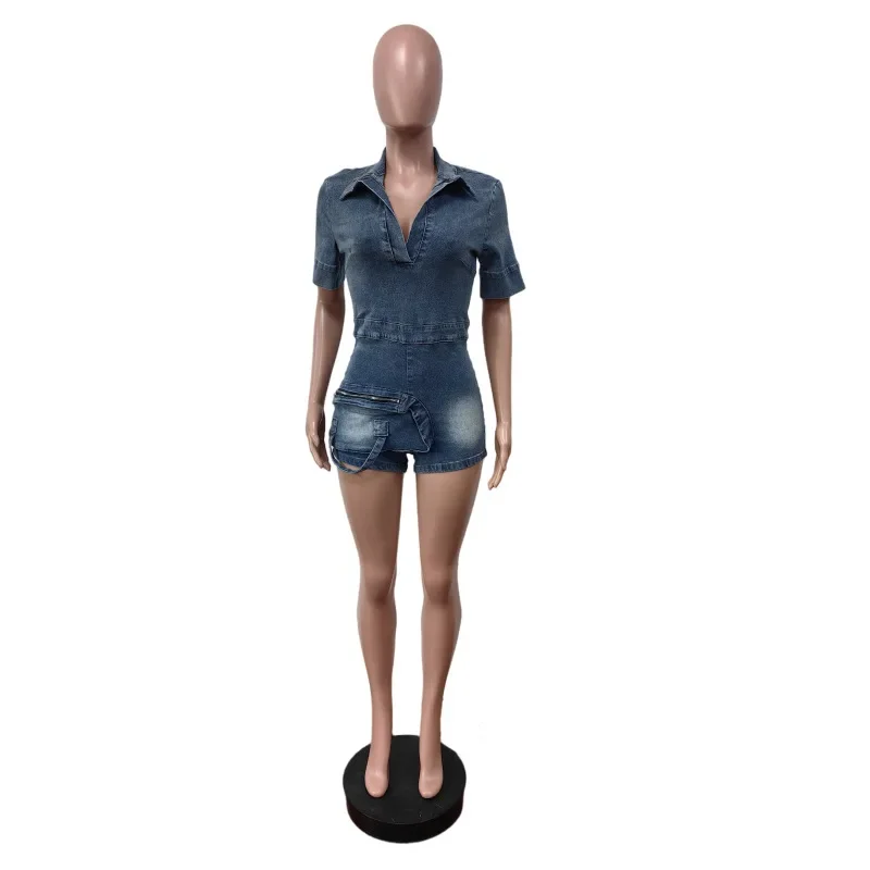 Denim Jumpsuits Women Vintage Rompers Overalls Stretch Washed Turn Down Collar Sexy Jeans Short Pants One Piece Shorts 2025 - view 5